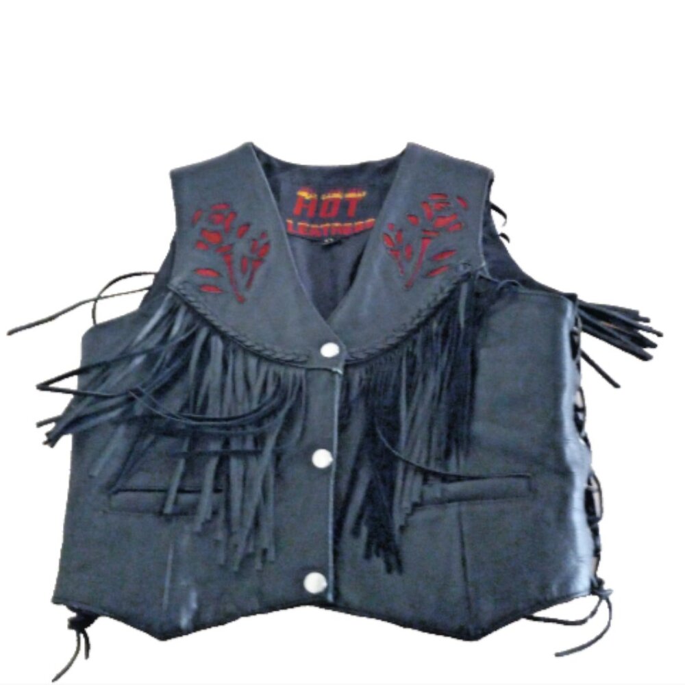 Hot Leathers Womens Fringe Leather Vest M Black Red Rose Lace UP Sides Snaps EUC - Picture 11 of 16